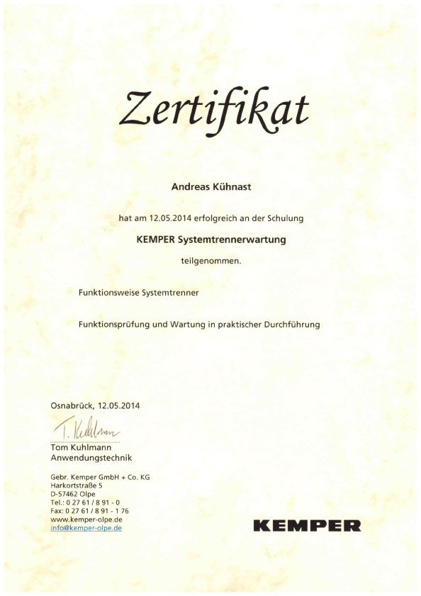 Zertifikat KEMPER Systemtrennerwartung