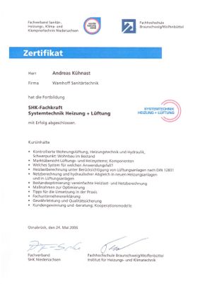 Zertifikat Systemtechnik Heizung und Lüftung